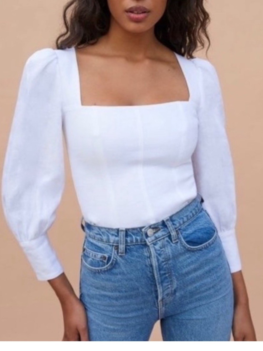 Reformation Stilton White Square-Neck Linen Top